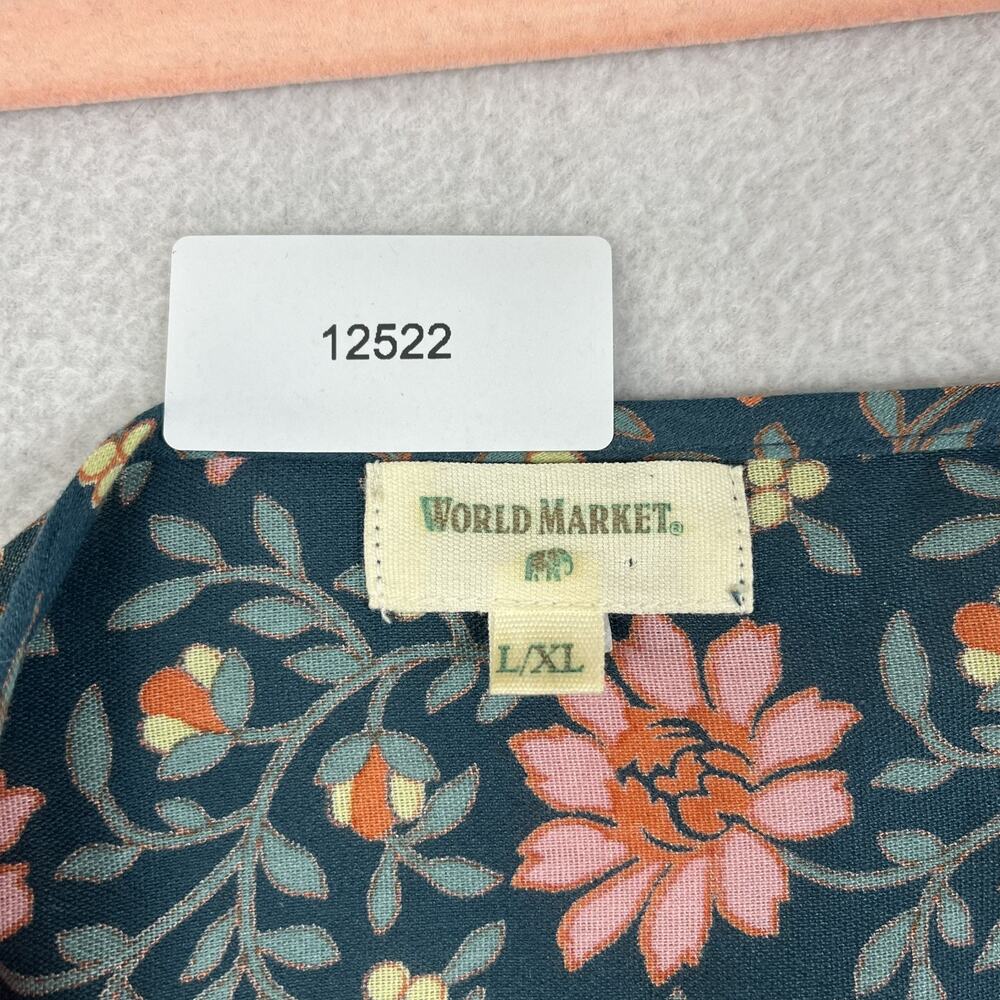 World Market Maxi Dress Women's Size Large Blue/Pink Floral V-Neck Flared Sleeve - Picture 12 of 12
